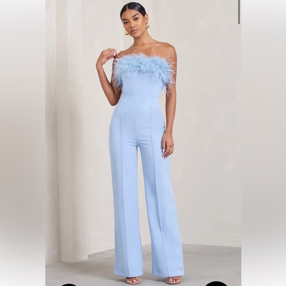 NWT Club L London - FIRST CLASS 
BLUE BANDEAU FEATHER WIDE LEG JUMPSUIT Sz 8 US - Picture 1 of 7